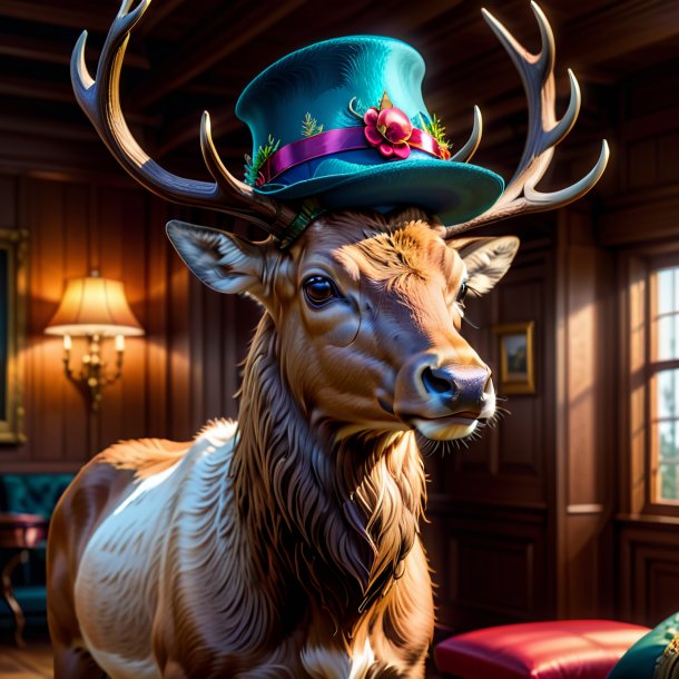 Illustration of a elk in a hat in the house