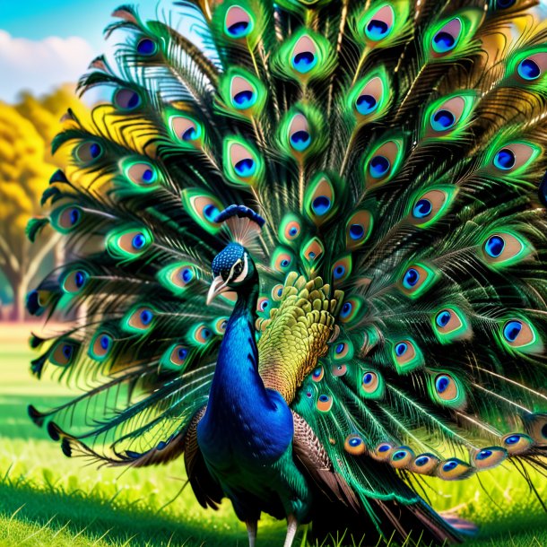 Picture of a waiting of a peacock on the field