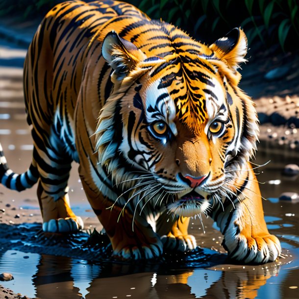 Image of a crying of a tiger in the puddle