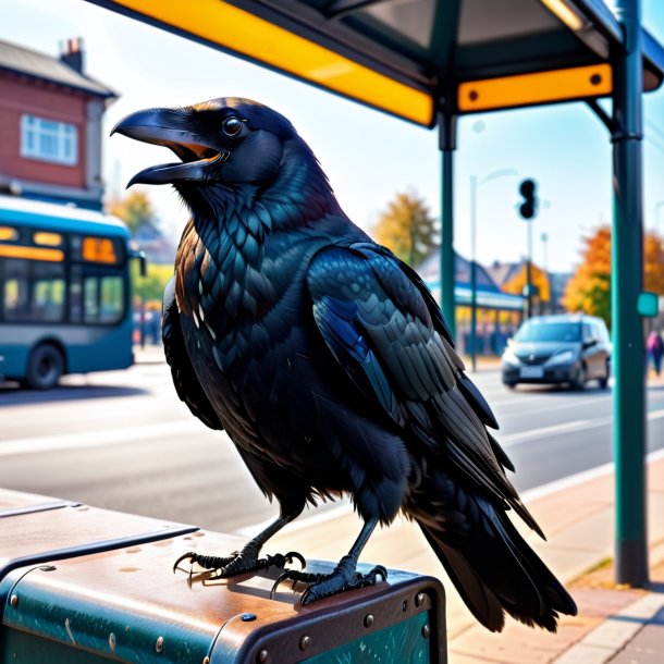 Photo d'un sourire d'un corbeau sur l'arrêt de bus