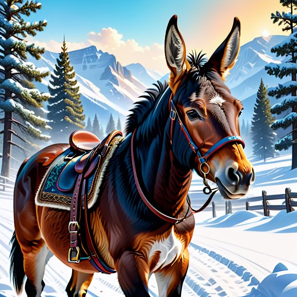 Illustration of a mule in a belt in the snow