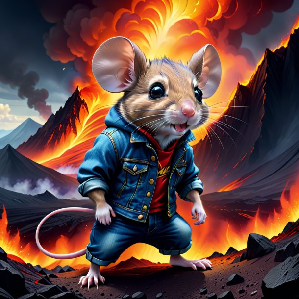 Drawing of a mouse in a jeans in the volcano