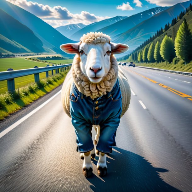 Photo of a sheep in a jeans on the highway