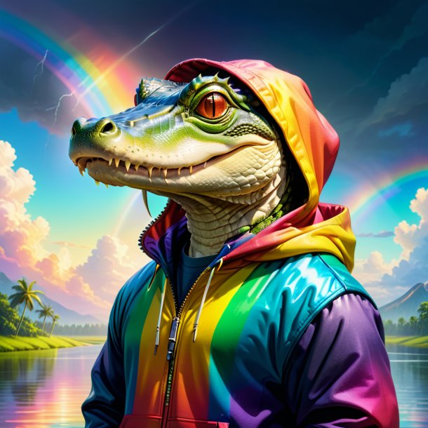 Illustration of a alligator in a hoodie on the rainbow