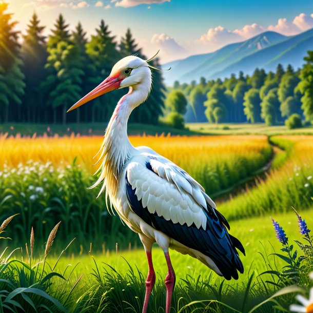 Image of a stork in a vest in the meadow