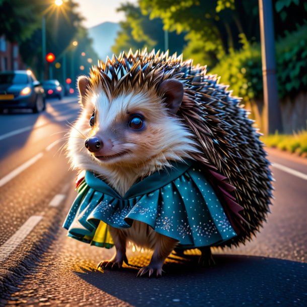 Image of a hedgehog in a skirt on the road