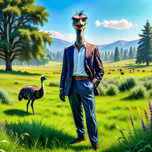 Image of a emu in a trousers in the meadow