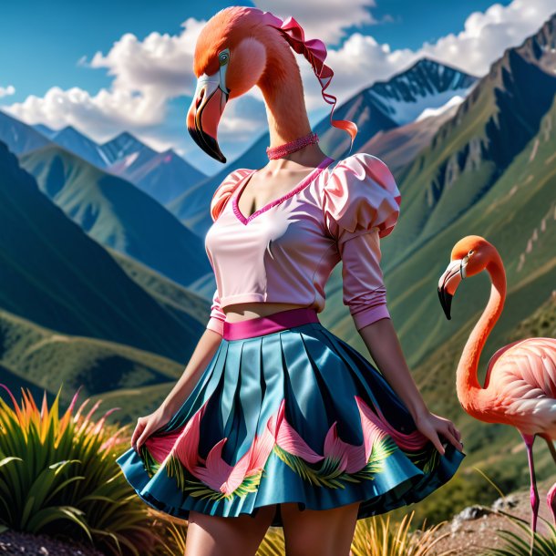 Image of a flamingo in a skirt in the mountains