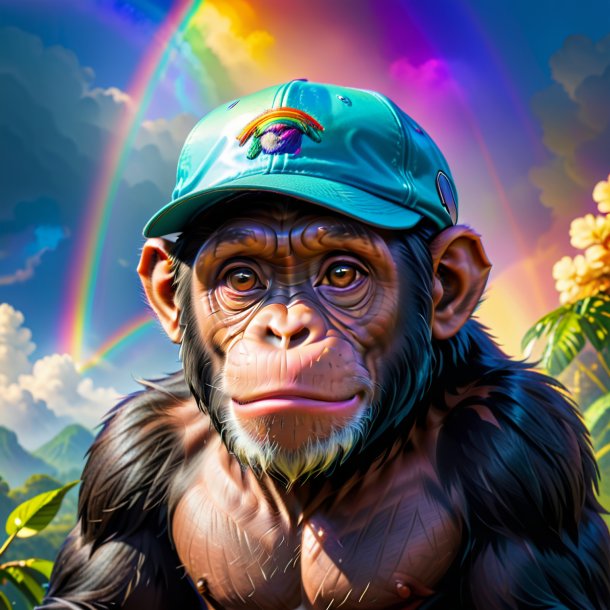 Image d'un chimpanzé dans une casquette sur l'arc-en-ciel