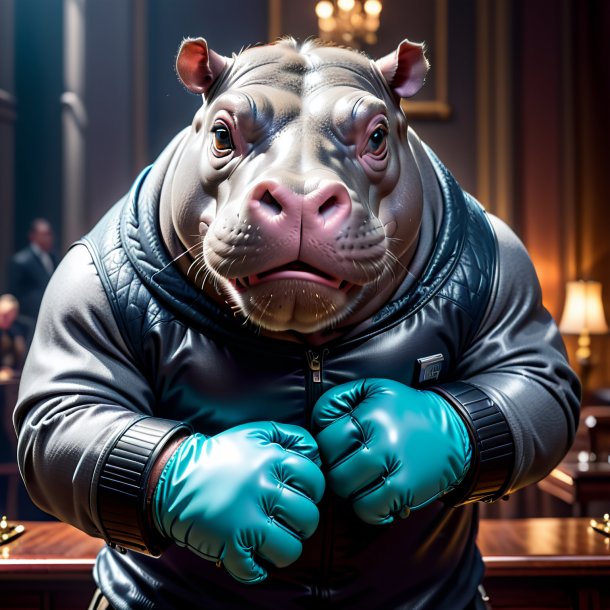 Picture of a hippopotamus in a gray gloves