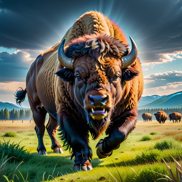 Pic of a angry of a bison on the field