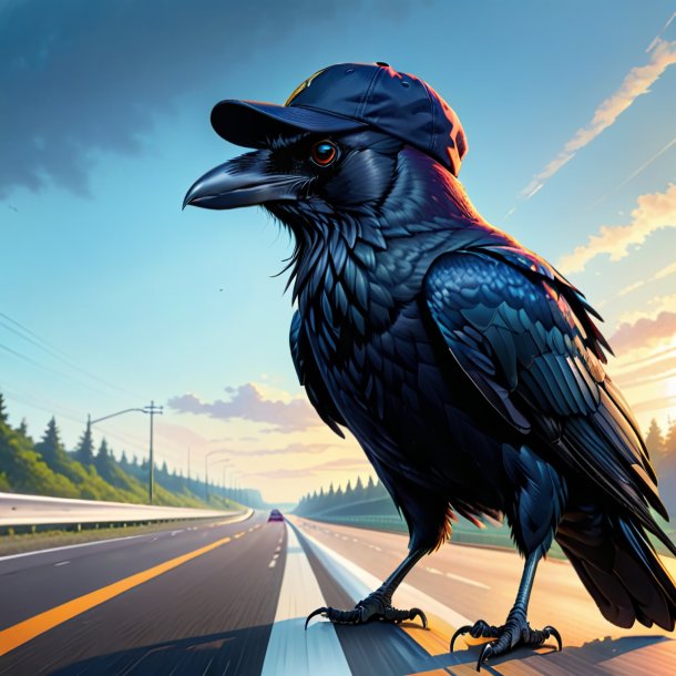 Drawing of a crow in a cap on the highway