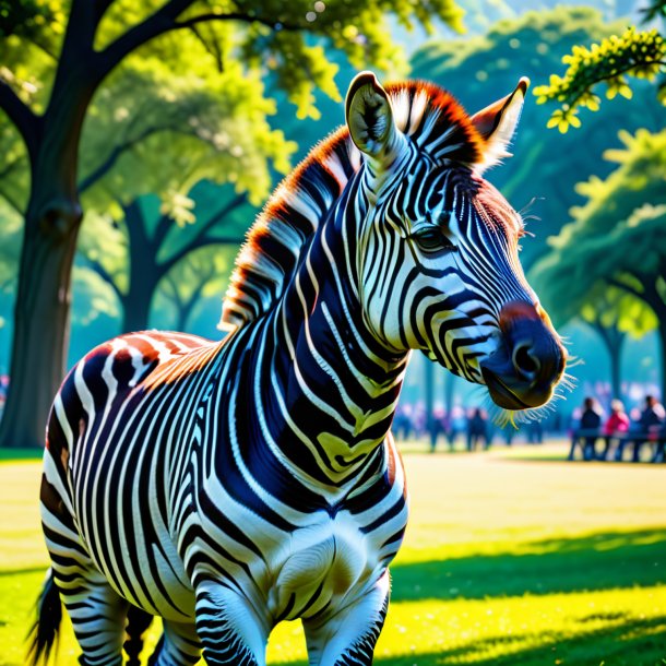 Photo of a zebra in a belt in the park