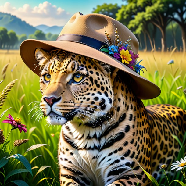 Drawing of a leopard in a hat in the meadow