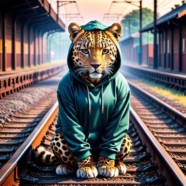 Foto de un leopardo en una sudadera con capucha en las vías del tren