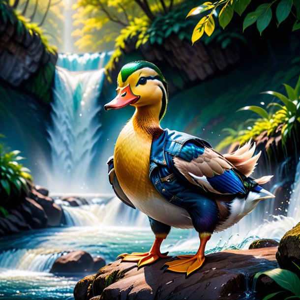 Pic of a duck in a jeans in the waterfall