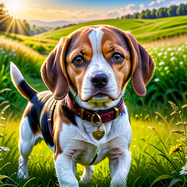 Picture of a beagle in a belt in the meadow