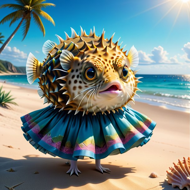 Drawing of a pufferfish in a skirt on the beach