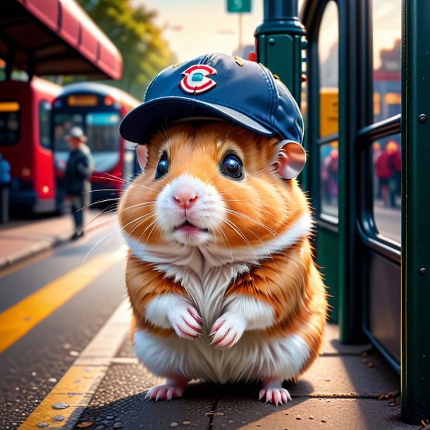 Image of a hamster in a cap on the bus stop