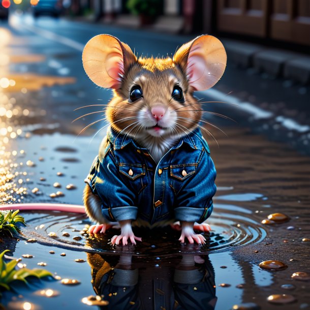 Image of a mouse in a jeans in the puddle