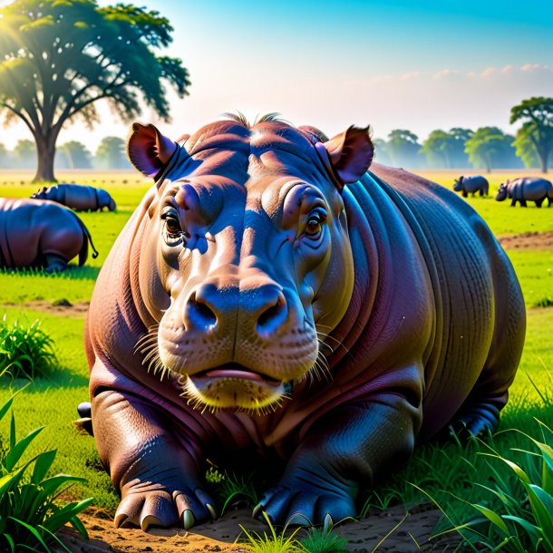 Picture of a resting of a hippopotamus on the field