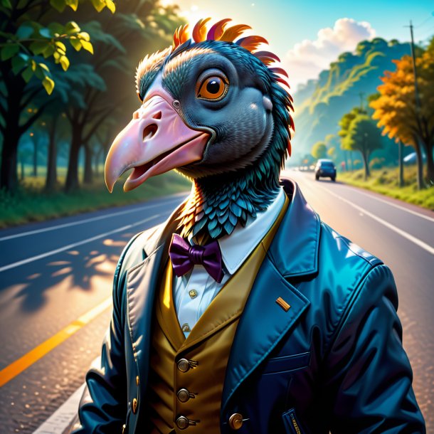 Illustration of a dodo in a jacket on the road