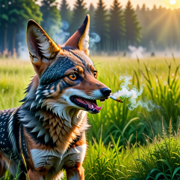 Photo of a smoking of a jackal in the meadow