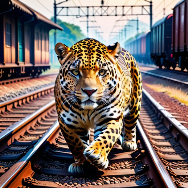 Foto de un jaguar en guantes en las vías del tren