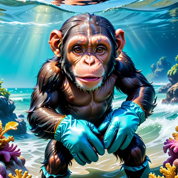 Picture of a chimpanzee in a gloves in the sea