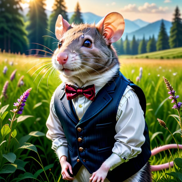 Photo of a rat in a vest in the meadow