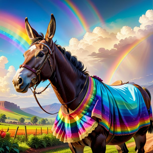 Illustration of a mule in a dress on the rainbow