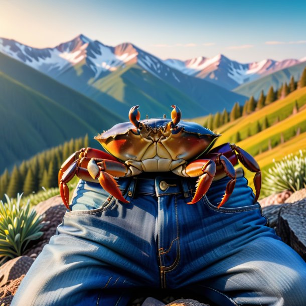 Pic of a crab in a jeans in the mountains