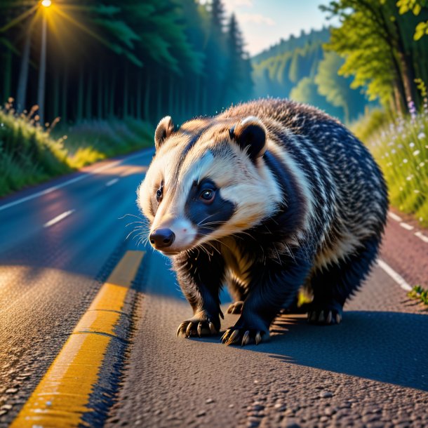 Image of a waiting of a badger on the road