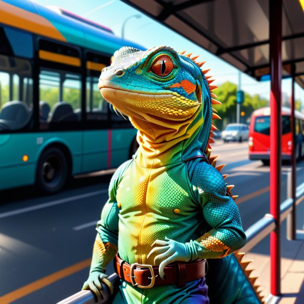 Desenho de um lagarto em um cinto no ponto de ônibus