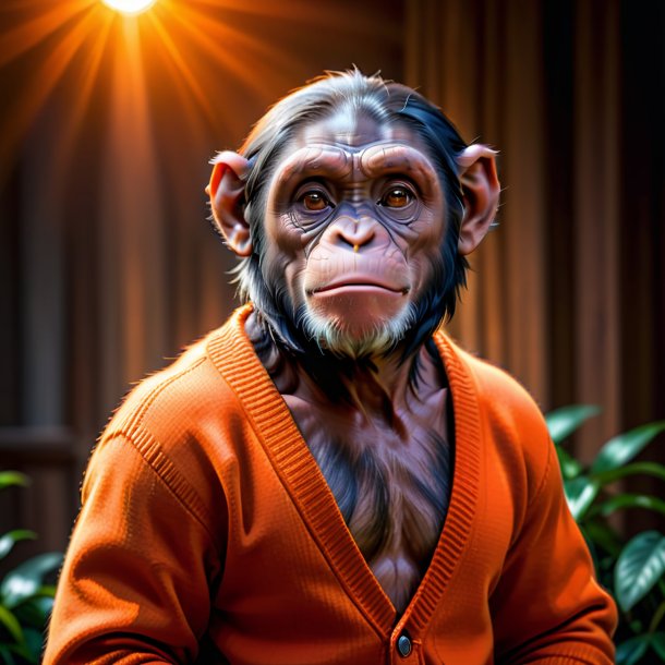 Foto de un chimpancé en un suéter naranja