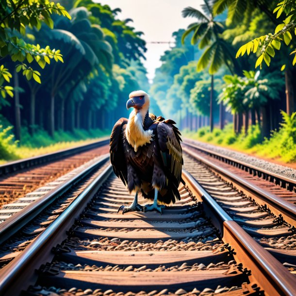 Foto de una espera de un buitre en las vías del tren