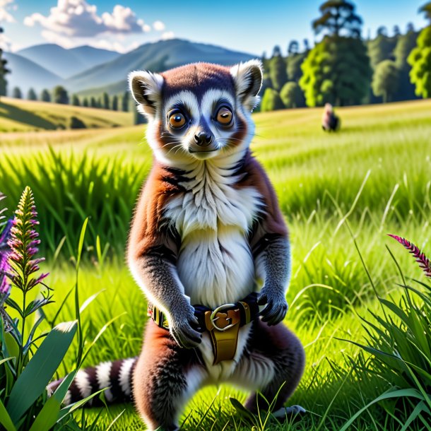 Pic of a lemur in a belt in the meadow