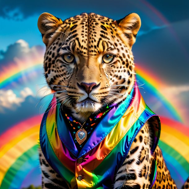 Foto de un leopardo en un chaleco en el arco iris