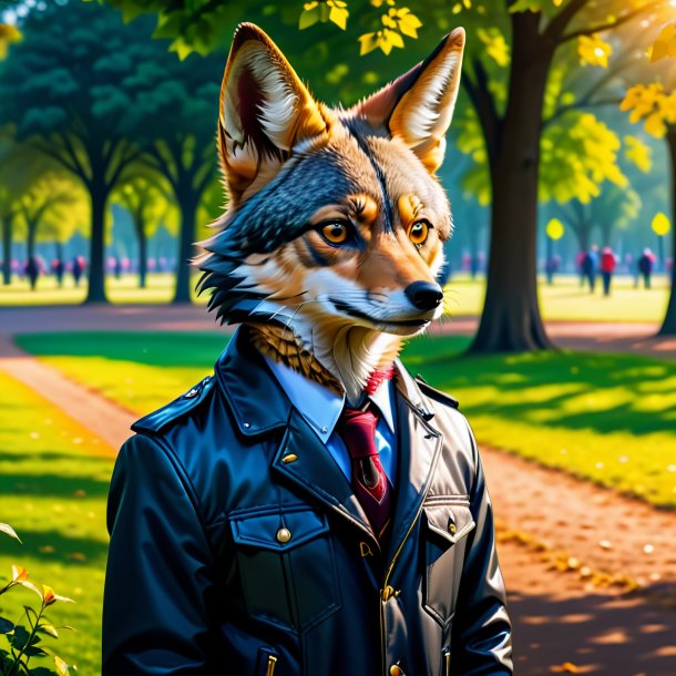 Picture of a jackal in a jacket in the park