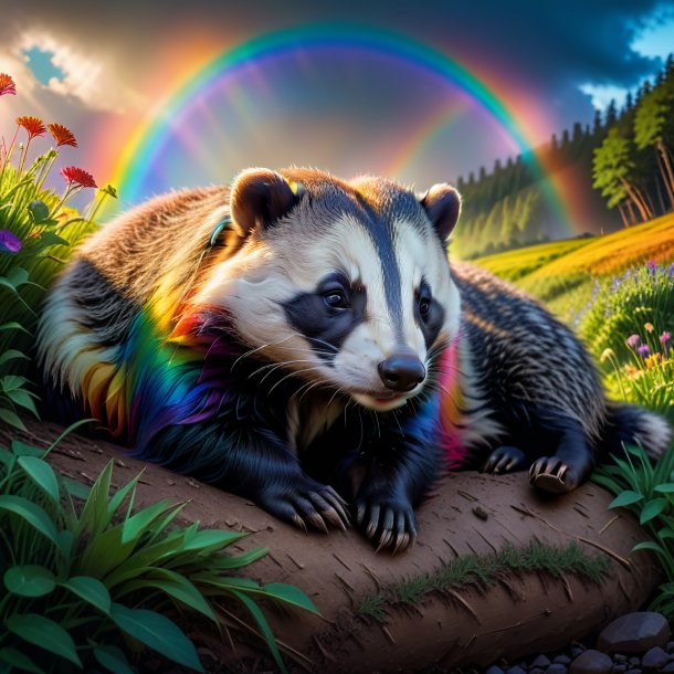 Image of a sleeping of a badger on the rainbow