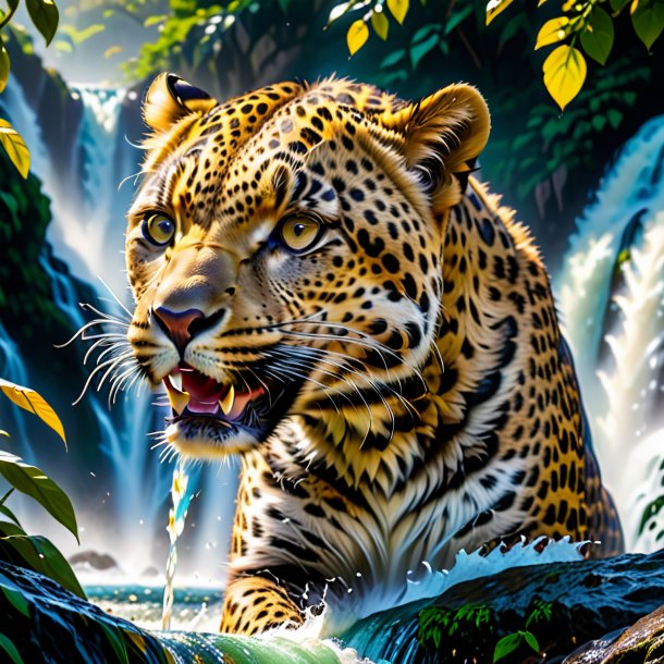 Imagem de um comer de um leopardo na cachoeira