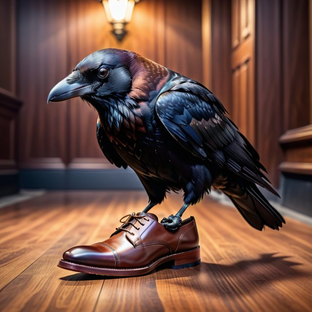 Uma foto de um corvo em um sapatos marrons