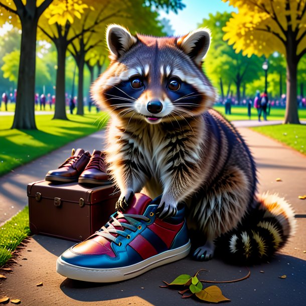 Photo of a raccoon in a shoes in the park