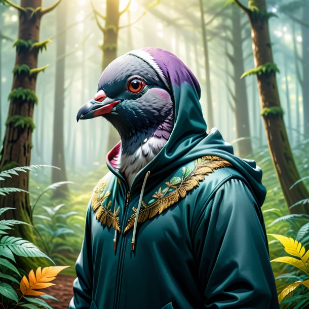 Ilustração de um pombo em um hoodie na floresta