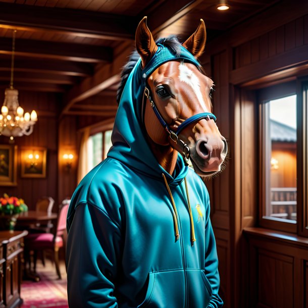 Image d'un cheval dans une capuche dans la maison