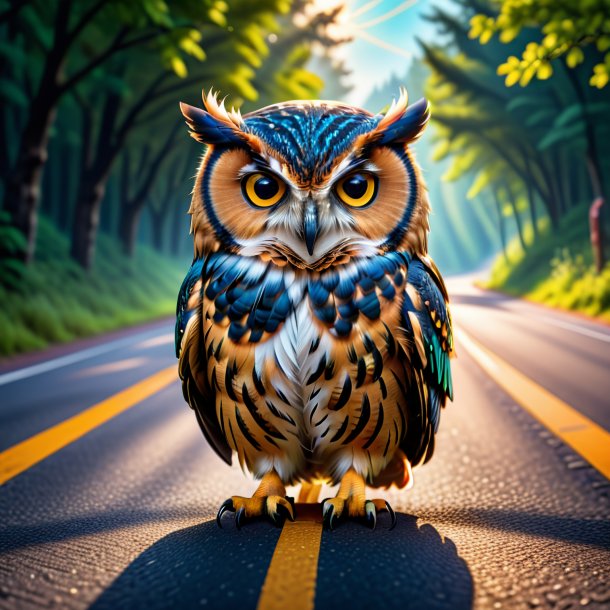 Photo of a owl in a belt on the road