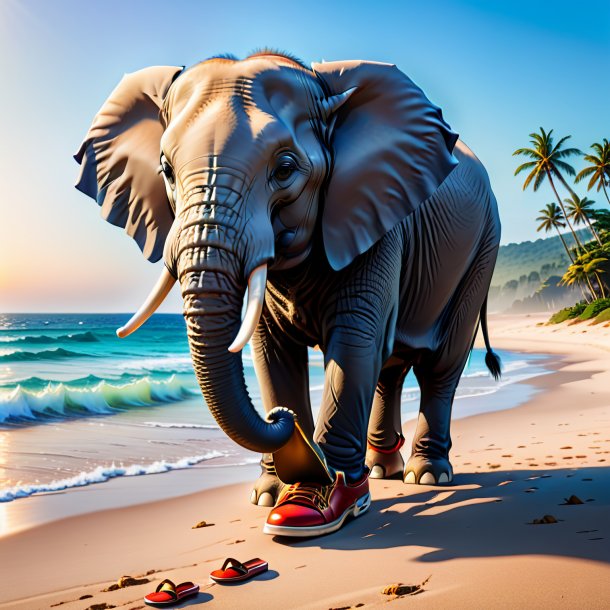 Foto de un elefante en un zapato en la playa