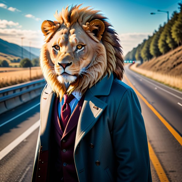 Photo of a lion in a coat on the highway