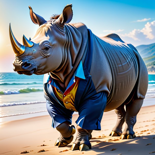 Photo of a rhinoceros in a trousers on the beach