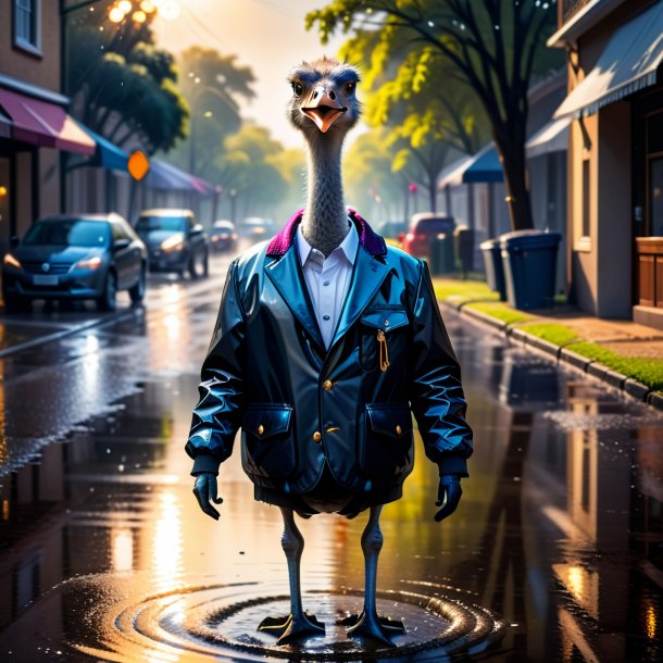 Pic of a ostrich in a jacket in the puddle